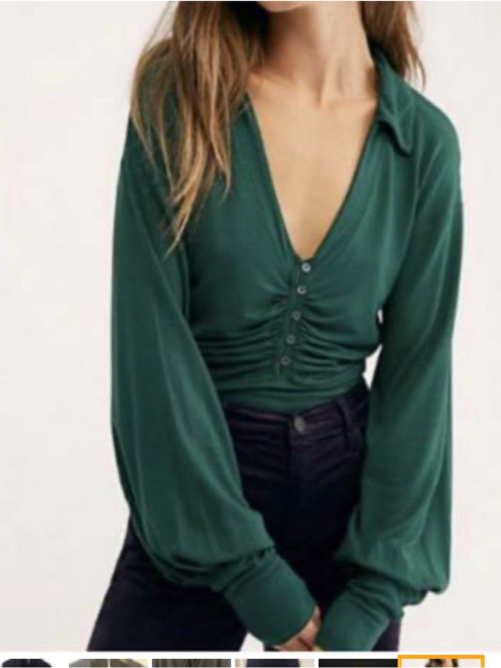 Free People Lucky Shirtee Forest Green Ruched Button-Front Long Sleeve Top